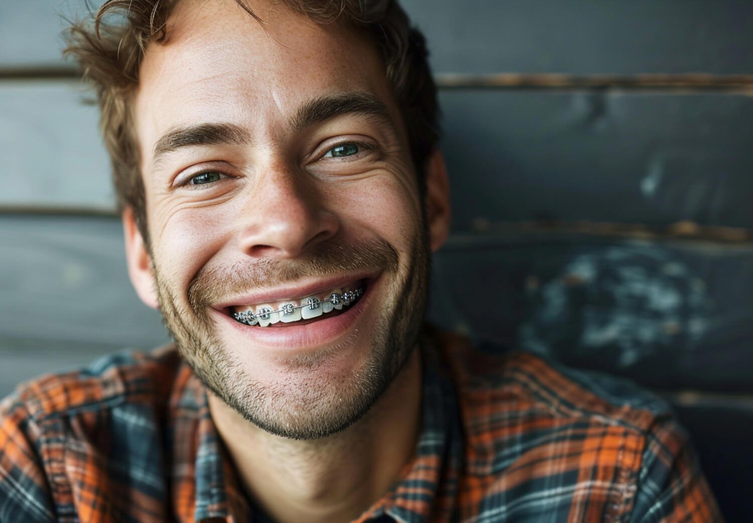 Homem adulto sorrindo de aparelho ortodôntico metálico nos dentes, destacando tratamento na Pleno Ser Odontologia em São Bernardo do Campo.